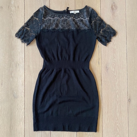 LOFT Black Merino Wool Blend Knit and Lace Dress, Size Small - Picture 1 of 5